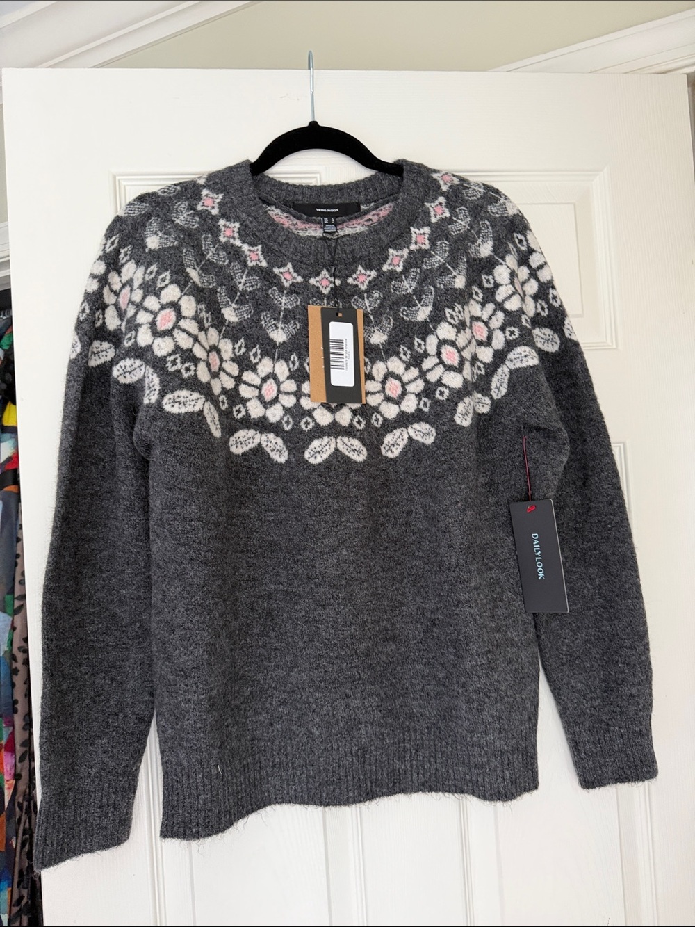 Vero Moda Dark Gray Fair Isle Crewneck Sweater with Pink Accents